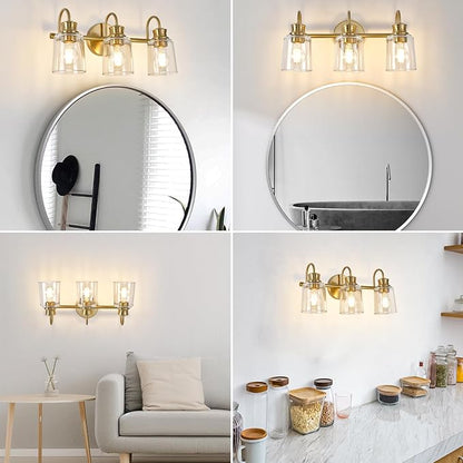 3 Lights Bathroom Light Fixtures Modern Gold Vanity Lights | ETL Certificate, Easy to Install,Wall Mount Up or Down,Thickened Glass Lampshade,E26 Socket,Hardwired