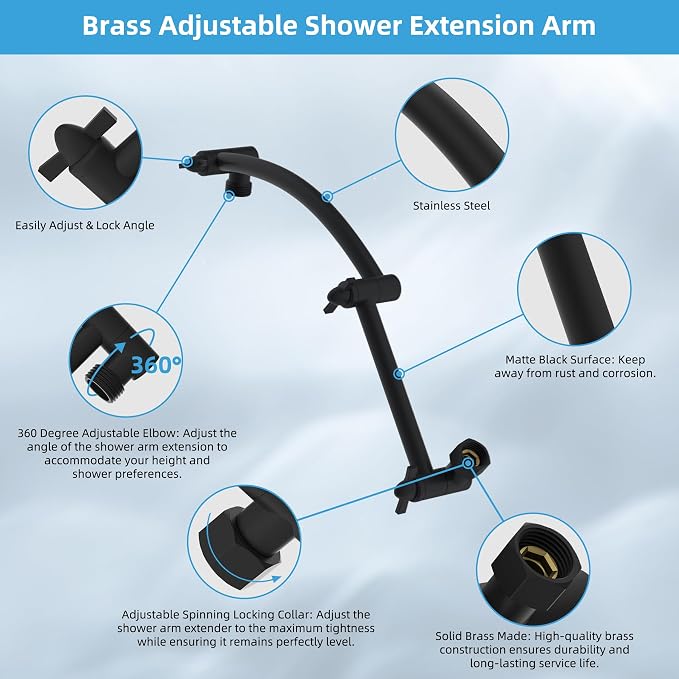 Hibbent 12'' Filtered Rain Shower Head with 16'' Extension Arm, Matte Black | High Pressure Rainfall Showerhead, Brass Adjustable Shower Head Extension Arm, 20 Stage Shower Filter, Fixed Showerheads