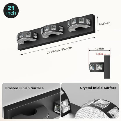 LED Modern Bathroom Vanity Light Fixtures (3-Light, 24W, 21.6-Inch), Matte Black Modern Crystal Bathroom Wall Lighting Fixtures Over Mirror (Cool White 5500K) for Apartment, Hotel