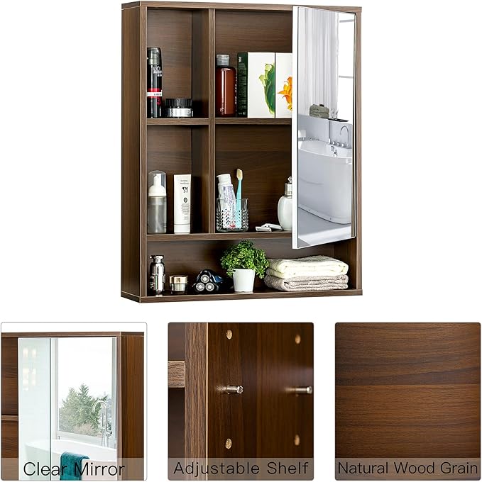 ChooChoo Bathroom Wall Mirror Cabinet, Medicine Cabinet with Single Door and Adjustable Shelf, Over The Toilet Space Saver Storage Cabinet, Walnut