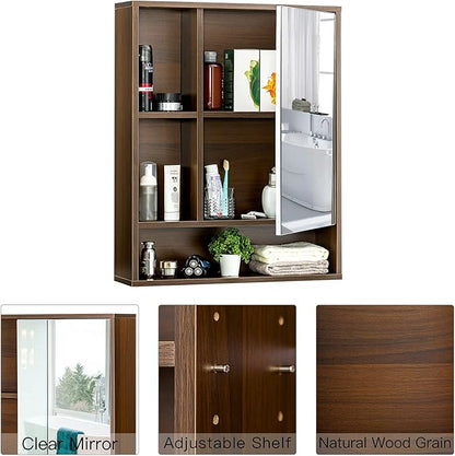 ChooChoo Bathroom Wall Mirror Cabinet, Medicine Cabinet with Single Door and Adjustable Shelf, Over The Toilet Space Saver Storage Cabinet, Walnut