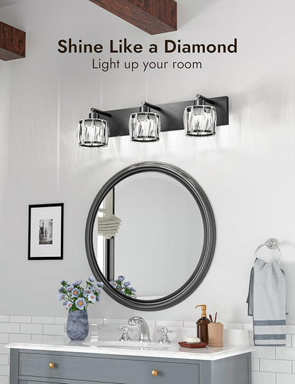 VOLISUN Crystal Vanity Lights for Bathrooms, 3 Light Bathroom Vanity Light, Modern Matte Black Bathroom Light Over Mirror, Black Bathrooms Lights Fixtures-UL Certificated(Exclude Bulb)