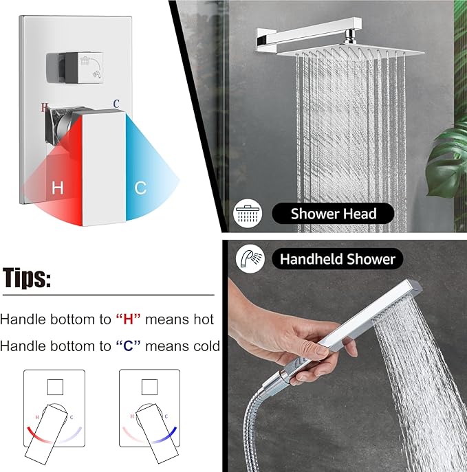 Midanya Shower Faucet Set,Wall Mount Shower System with Square Rain Shower Head and Hand Sprayer, Rough-in Valve Body and Trim Kit Included,10 Inch,Polish Chrome
