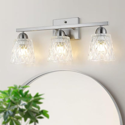 Mecgirn Stainless Steel Bathroom Vanity Light Over Mirror, 3 Light Brushed Nickel Bathroom Light Fixtures with Textured Glass Shades, Modern Vanity Lighting Wall Mount