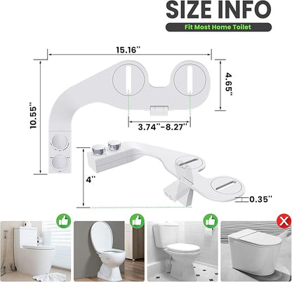 Toilet Bidet With Left/Right Side Reversible Design, Fresh Water, Non-Electric, Toilet Bidet Attachment, Right/Left Hand Side with Dual Nozzle, Self-Clean, Includes Extended Screws (Chrome)
