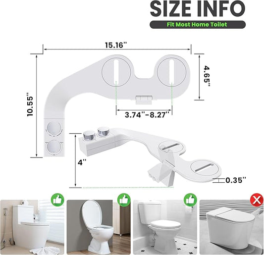Toilet Bidet With Left/Right Side Reversible Design, Fresh Water, Non-Electric, Toilet Bidet Attachment, Right/Left Hand Side with Dual Nozzle, Self-Clean, Includes Extended Screws (Chrome)