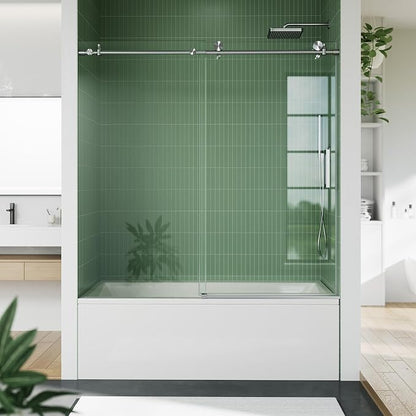 56-60" W x 59" H Frameless Sliding Shower Door, 5/16" (8mm) Tempered Glass with Explosion-Proof Film, Brushed Nickel Bypass Door with Seal Strips for Walk-in Shower