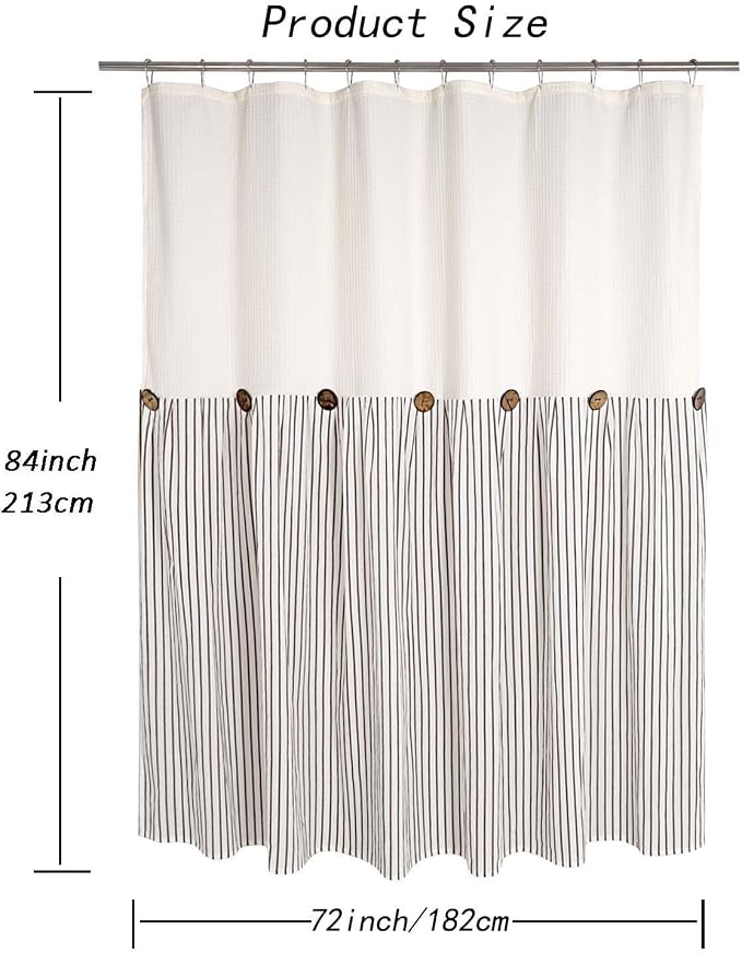 DOSLY IDÉES Farmhouse Shower Curtain, Beige and Brown Striped, Button Curtain, Spa Waffle and Cotton Woven Fabric, Rustic Charm Country Chic Style, 72x84 in
