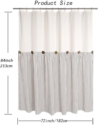 DOSLY IDÉES Farmhouse Shower Curtain, Beige and Brown Striped, Button Curtain, Spa Waffle and Cotton Woven Fabric, Rustic Charm Country Chic Style, 72x84 in