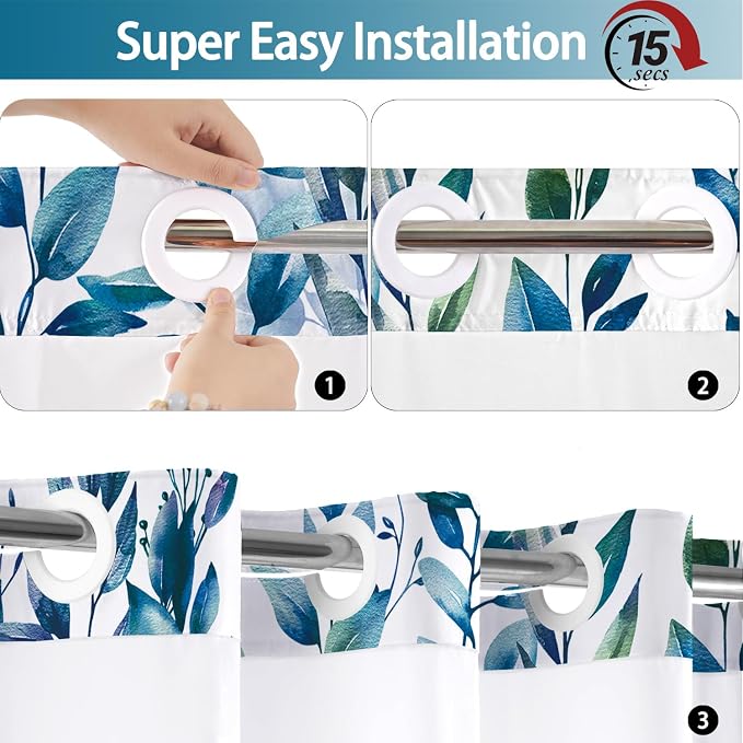 No Hook Shower Curtain and Liner Set, Blue Eucalyptus 71x77 | Floral Design, with Snap in Liner, Waterproof, Machine Washable, Quick-Drying, for Hotel Bathroom