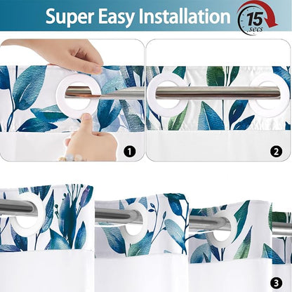 No Hook Shower Curtain and Liner Set, Dark Blue Eucalyptus 71x74 | Floral Design, with Snap in Liner, Waterproof, Machine Washable, Quick-Drying, for Hotel Bathroom