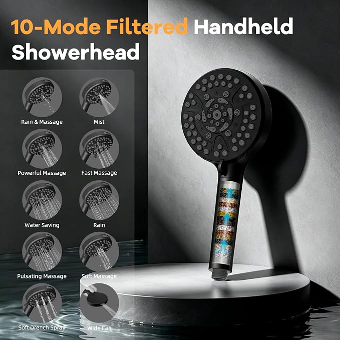 Hibbent 13" Filtered Shower Head & Filtered 10-Mode Handheld Combo, Black | High Pressure 5-Spray Showerhead, 4-way Diverter, Heightened All Metal Extension Arm, 3 Filter Cartridges, Easy Reach