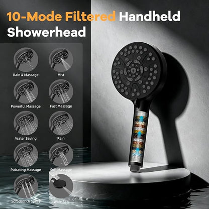 Hibbent 13'' Rain Showerhead Combo, 10 Mode Filtered Handheld Spray, Black | High Pressure 5-Spray Showerhead, 4-way Diverter, Upgraded Heightened All Metal Extension Arm, 71'' Hose & Holder, Easy Reach