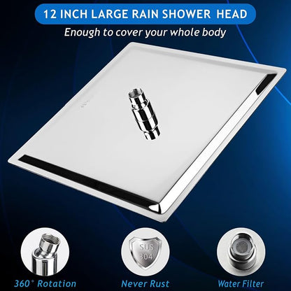 Voolan All Metal Shower Head with Extension Arm, Stainless Steel Waterfall Rainfall Showerheads, High Flow Bathroom Square Rain Shower Head (12’’ Shower Head with 16’’ Shower Arm, Chrome)