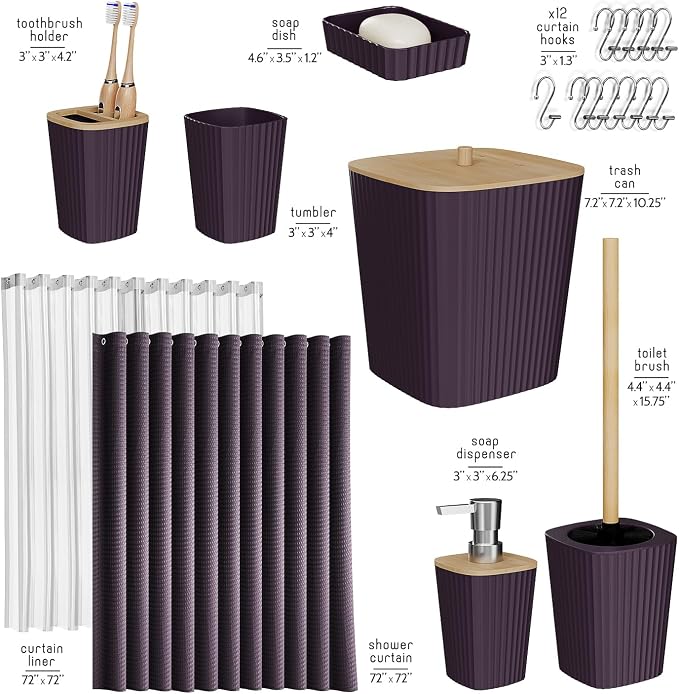 Clara Clark Purple Bathroom Set, Shower Curtain Set, Bathroom Accessory Set | 20 Piece Bathroom Accessories Set with Toothbrush Holder, Soap Dispenser, Soap Dish, Toilet Brush, and Bathroom Trash Can