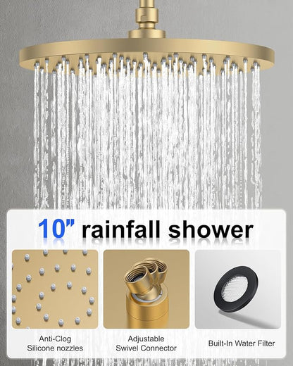 Iriber Brushed Gold Shower head with Handheld,8"+10" Rain Shower Faucet Set | 10 Inch Ceiling +8 Inch Wall Mount Dual Shower Heads,Push Button Diverter Shower System,Pressure Balance Valve