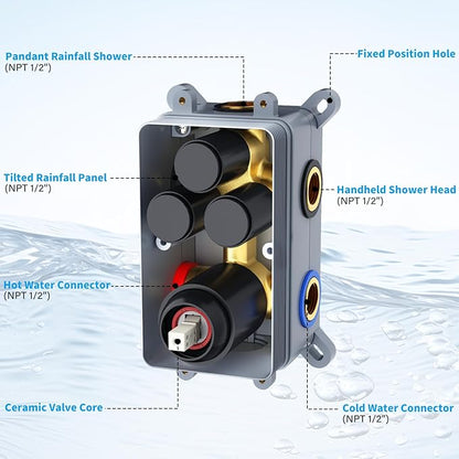 Shower Faucet Set Shower System - EMBATHER Push Button Diverter Dual Shower Faucet Valve Kit with Rainfall Ceiling Mount 10 Inch Shower Head 6 Inch Wall Mount, for Couple (Standard-10'', Matte Black)