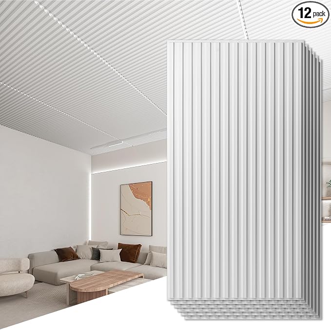 Art3d 12-Pack Slat Design 3D Wall Panels for Interior Wall Decor, 2x4 FT PVC Decorative Drop Ceiling Tiles - White | 24" x 48" , Lightweight, Break-Proof, Compatible with Grid System, Ideal for Home, Commercial Spaces