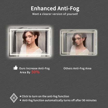 Bathroom Mirror, 44x30 Inch Gradient Front and Backlit Smart Mirror, 3 Colors Dimmable CRI>90 Double Lights, IP54 Enhanced Anti-Fog, Hanging Plates Wall Mount LED Mirror