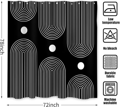Black and White Extra Long Shower Curtain, Boho Minimalist Mid Century Modern Arch Geometric Machine Washable Waterproof Fabric for Bathroom Bathtub with Hooks 72Wx78H