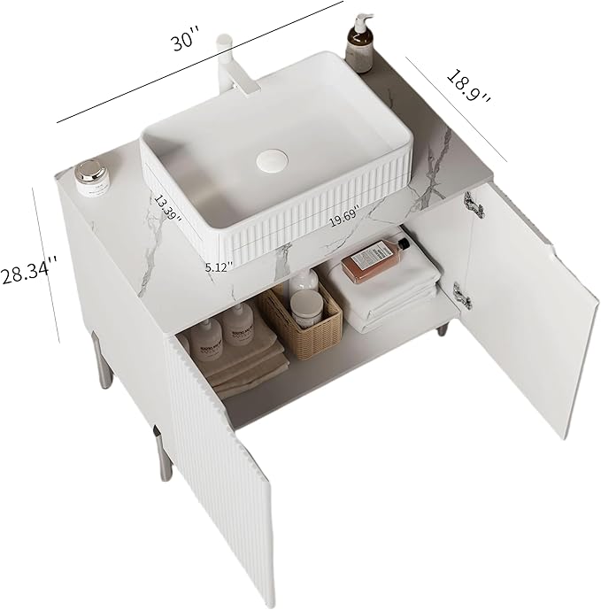 30″ White Modern Bathroom Vanity with Sink, Bathroom Storage Cabinet with 2 Soft Close Doors
