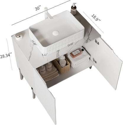 30″ White Modern Bathroom Vanity with Sink, Bathroom Storage Cabinet with 2 Soft Close Doors