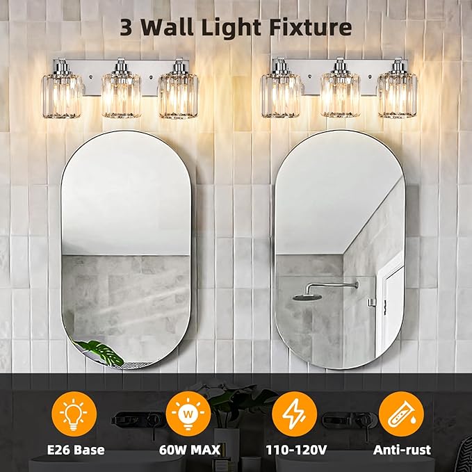 3 Lights Crystal Bathroom Vanity Light Modern Chrome Bathroom Light Fixture Bathroom Lighting Fixtures Over Mirror for Mirror E26 Base