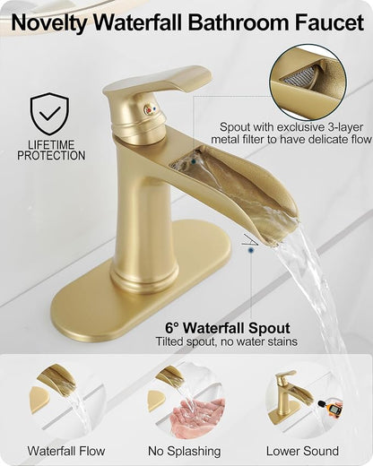 Waterfall Faucet, Brass Gold Bathroom Faucet 1 Hole, 1 Handle Bathroom Faucets for Sink 3 Hole (4 Inch) with Pop-up Drain, Hoses & Deck Plate