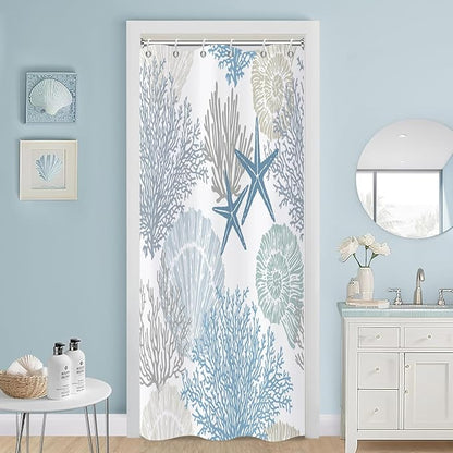 Nautical Coastal Shower Curtain, Blue Ocean Beach Seashell Starfish Themed Bathroom Curtain Waterproof Fabric Machine Washable with Hooks, 48" Wx72 L