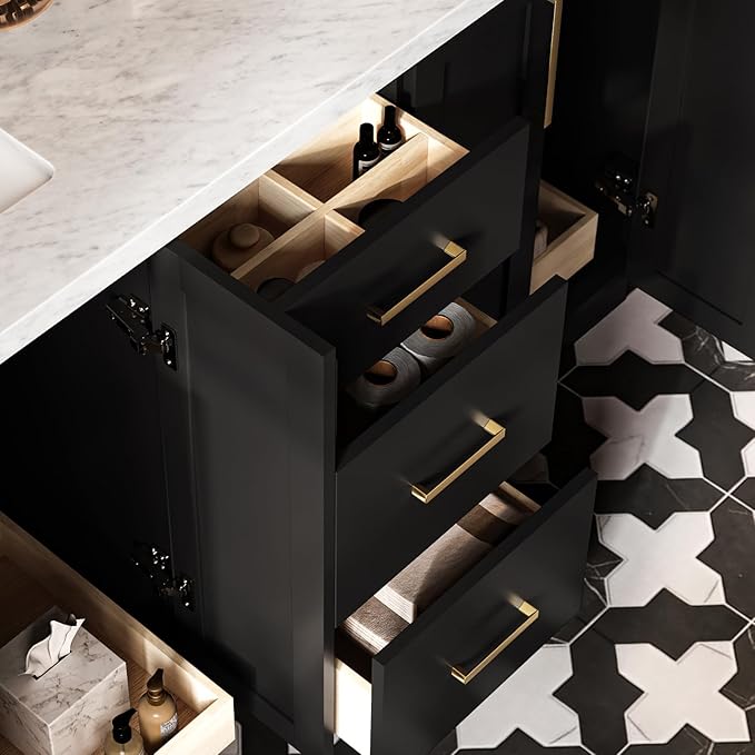 ARIEL Loren 60-inch Bathroom Vanity with Sink,Solid Wood, 1.5-inch Italian Carrara Marble Countertop, Double Rectangular Porcelain Sink, 4 Soft Closing Doors, 3 Dovetail Drawers, Black