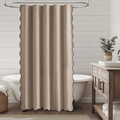 BTTN 54 Inch Narrow Shower Curtain, Boho Scalloped Linen Textured Thick Fabric Shower Curtain Set with 10 Hooks, Small Farmhouse Modern Waterproof Cloth Shower Curtains for Bathroom, 54x78, Tan/Taupe