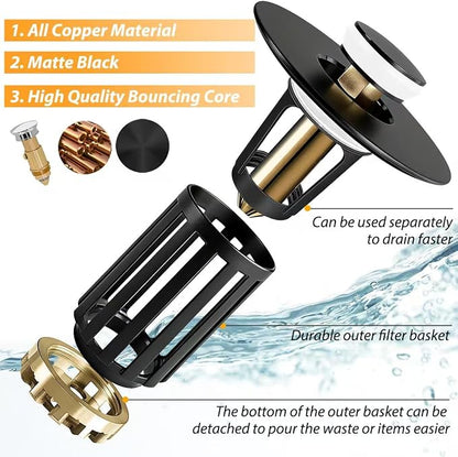 Anlige 3 in 1 Pop Up Bathroom Sink Stopper, Bathroom Sink Drain Strainer, with Removable Basket Hair Catcher, Universal Sink Plug Cover for 1.06 in to 1.6 in Drain, Matte Black