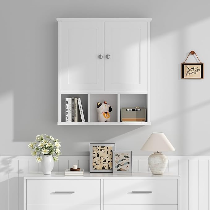 Shintenchi Bathroom Medicine Cabinet, Wall Mounted, Adjustable Shelf, White | Over The Toilet Cupboard, Open & Concealed Storage, 2 Magnet Doors, Space-Saving, Easy to Clean