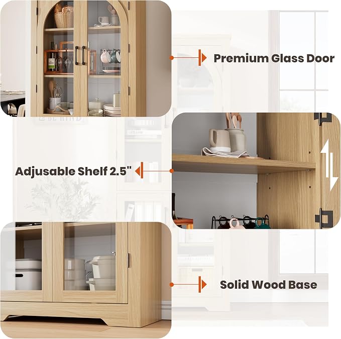 Garvee 70" Tall Kitchen Pantry Cabinet - Modern Display Cabinet with 4 Arched Glass Doors and Adjustable Shelves, Versatile Cupboard Organizers for Kitchen, Dining Room, Living Room, Bathroom, Natural