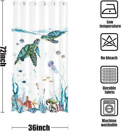Fowocu Sea Turtle Stall Shower Curtain Teal Blue Ocean Waterproof Fabric Shower Curtains for Bathroom with Funny Animal Octopus Starfish Anchor Fish Nautical Bath Curtain Decor (Teal, 36''×72'')