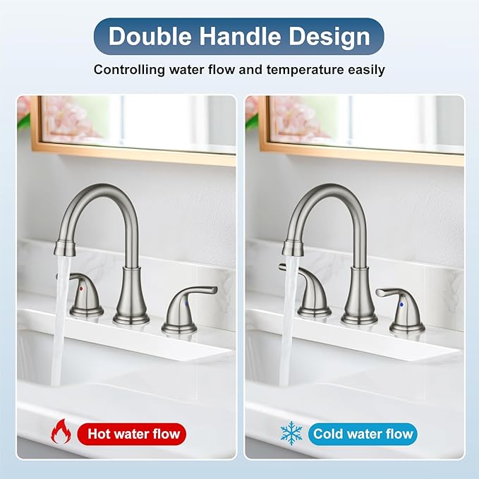 Widespread Bathroom Sink Faucet Deck Mounted 3 Hole 8 inch Bathroom Vanity Faucet 2 Handles Basin Mixer Tap with Pop up Drain,Brushed Nickel