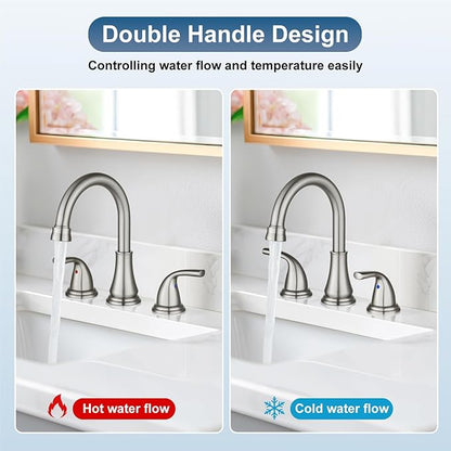 Widespread Bathroom Sink Faucet Deck Mounted 3 Hole 8 inch Bathroom Vanity Faucet 2 Handles Basin Mixer Tap with Pop up Drain,Brushed Nickel