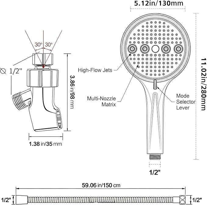 Handheld Shower Head with Hose, 6 Spray Settings, High Pressure, Chrome Finish, Rain, Pulse, Boost, Spray, Mix, Cleaning Modes (Chrome)