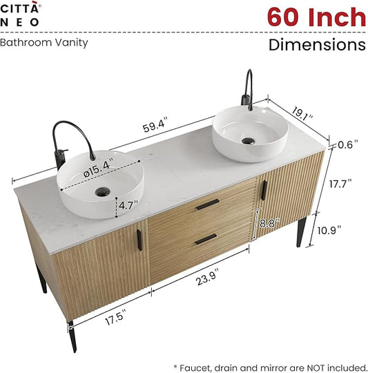 60" Bathroom Vanity with Double Sink, Modern Double Ceramic Vessel Sink Bathroom Vanity with Soft-Closing Drawers & Doors, Engineered Stone Countertop, Natural Oak