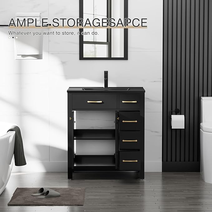 LUCKWIND 30" Modern Bathroom Vanity with Sink, Painted Storage Cabinet with Undermounted Black Sink, Two Doors and Three Drawers, Include Faucet Without Mirror, Black