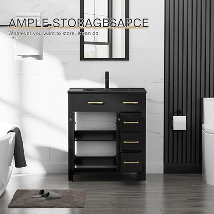 LUCKWIND 30" Modern Bathroom Vanity with Sink, Painted Storage Cabinet with Undermounted Black Sink, Two Doors and Three Drawers, Include Faucet Without Mirror, Black