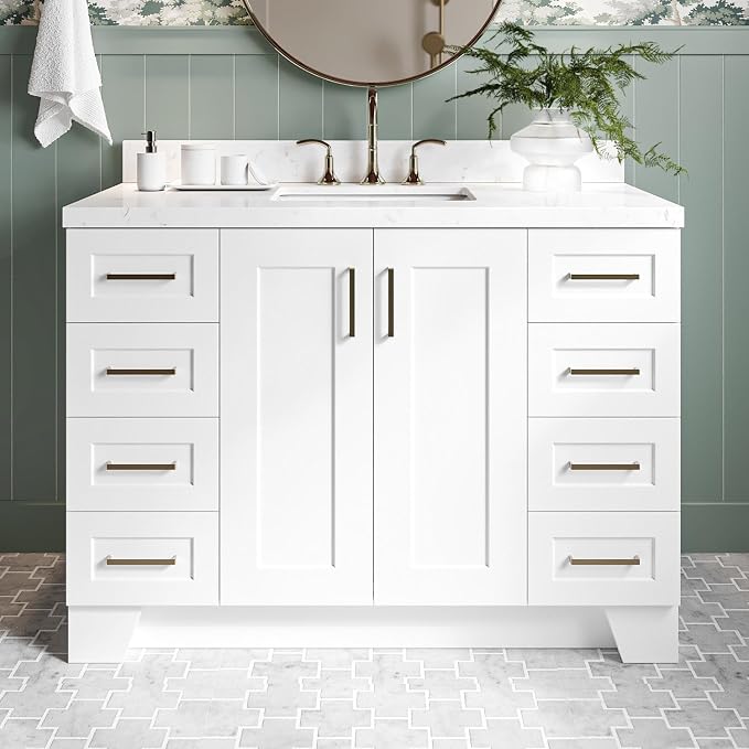 DKB Emilia 48-Inch Bathroom Vanity with Sink — White Single Sink Bathroom Vanity, 1.5" Edge Carrara Quartz Countertop, Solid Wood, 2 Soft Closing Doors, 9 Dovetail Drawers