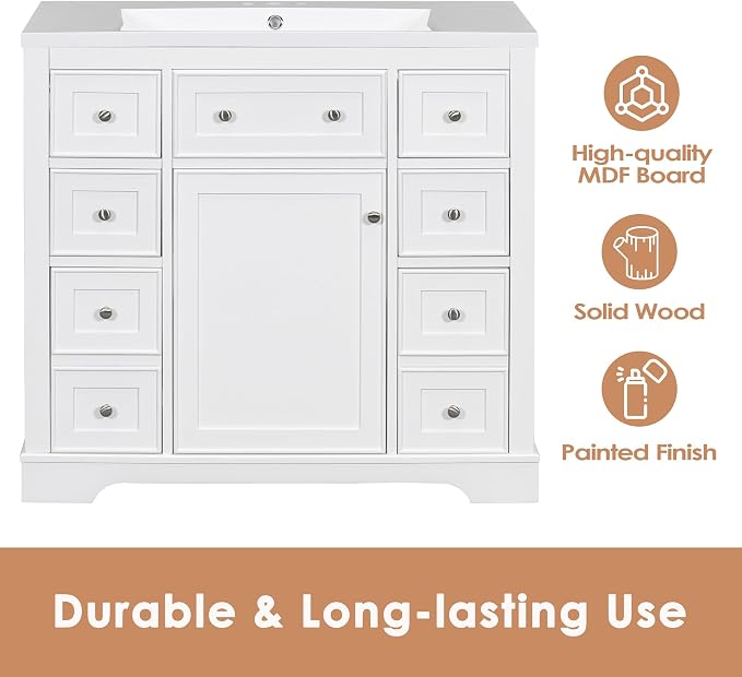 36" Bathroom Vanity Without Sink, Base Only,One Cabinets and Six Drawers,Wood Set Frame W/Adjustable Shelf,Water, Stain Proof,White