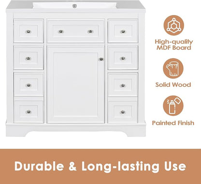 36" Bathroom Vanity Without Sink, Base Only,One Cabinets and Six Drawers,Wood Set Frame W/Adjustable Shelf,Water, Stain Proof,White