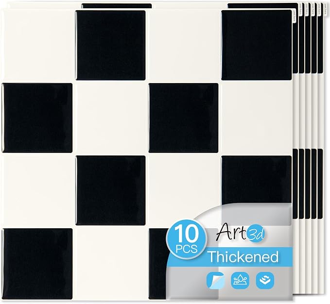 Art3d Grid Peel and Stick Backsplash, 10-Pack, 12 x 12 in, Black & White | Enhanced Thickness, Strong Adhesion, Moisture Resistant, Long-Lasting, Minimalist Look, DIY Friendly, for Kitchen Countertops