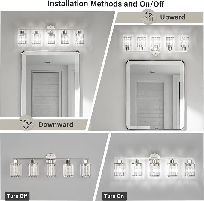 5 Light Bathroom Light Fixtures, Modern Crystal Vanity Lights over Mirror | Metal Frame, Bathroom Light with Square Crystal Shade, ETL Certified, E26 Ceramic Socket, Bulbs Not Included