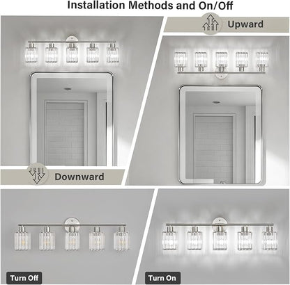5 Light Bathroom Light Fixtures, Modern Crystal Vanity Lights over Mirror | Metal Frame, Bathroom Light with Square Crystal Shade, ETL Certified, E26 Ceramic Socket, Bulbs Not Included