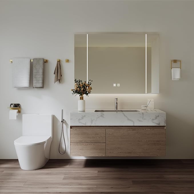 10-Piece 23.6 Inch Brushed Gold Bathroom Hardware Accessories Set | Stainless Steel Bath Extended Towel Bar, Toilet Paper Holder with Shelf, Towel Hooks, Square Towel Ring Wall Mounted