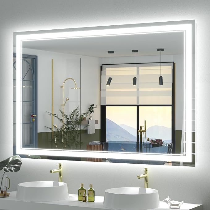 OKPAL 44x30 Lighted Bathroom Mirror, Anti-Fog LED Bathroom Mirror, Bathroom Mirror with Lights, Dimmable Lighted Vanity Mirror, Shatterproof, ETL Listed, Horizontal/Vertical