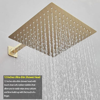 Shower Faucet Set Brushed Gold 12 Inch Wall Mount Rainfall Shower System with 2 Rain Shower Head and Handheld Head Push Button Diverter Shower Trim Kit and Rough-in Valve Body